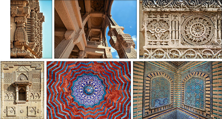 collage of carved floral patterns on mohatta palace walls